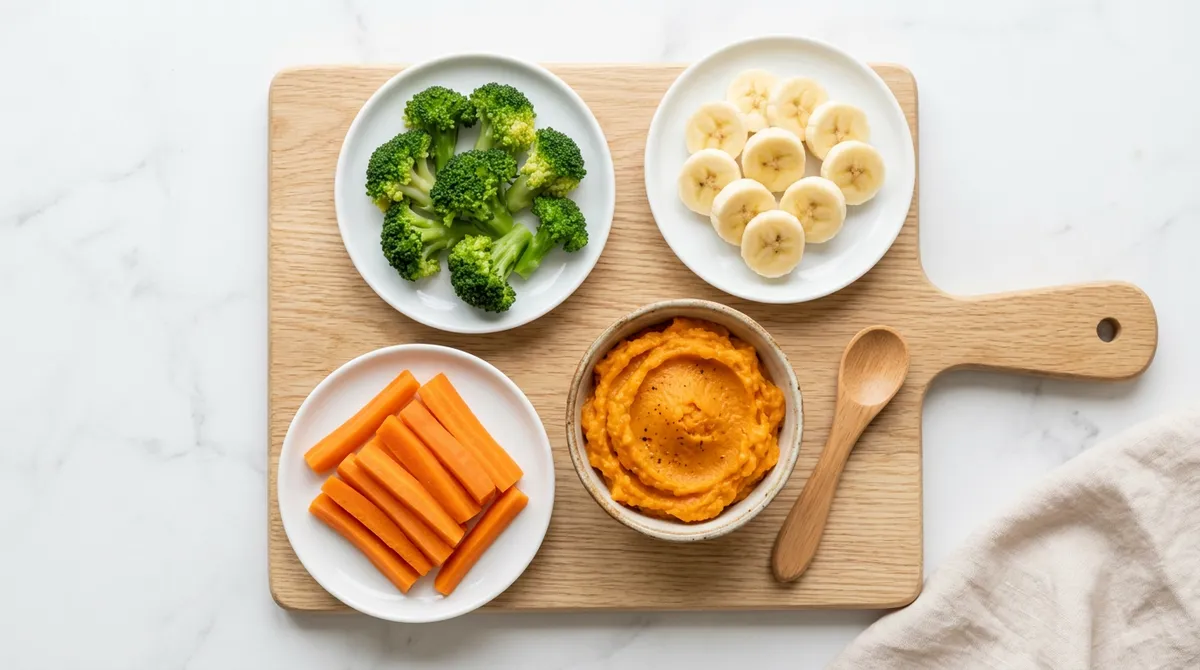 Alimentos blandos y sencillos preparados para un bebé: verduras al vapor, plátano y aguacate sobre una tabla clara