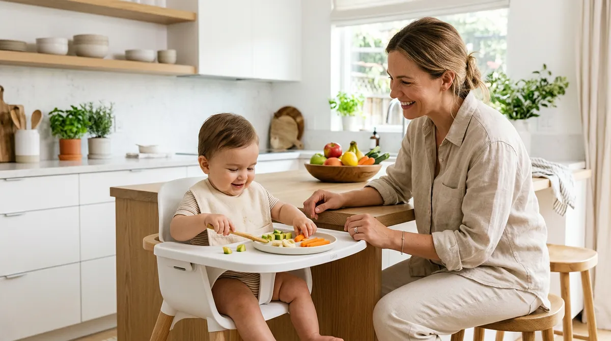 Bebé sentado en una trona explorando alimentos blandos acompañado por su familia en una cocina luminosa
