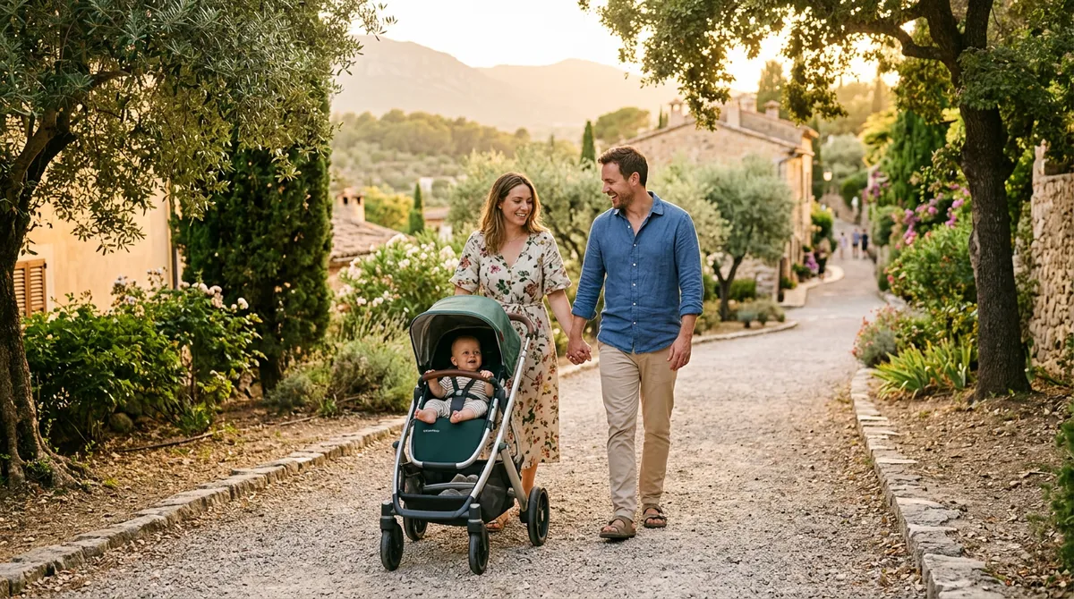 Familia disfrutando de un paseo tranquilo con su bebé en un entorno exterior luminoso y protegido
