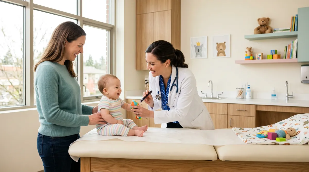 Pediatra atendiendo amablemente a un bebé acompañado por su familia en una consulta luminosa y moderna