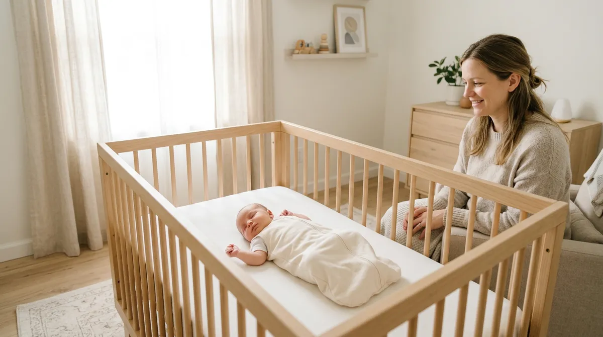 Bebé durmiendo boca arriba en una cuna segura acompañado por su madre
